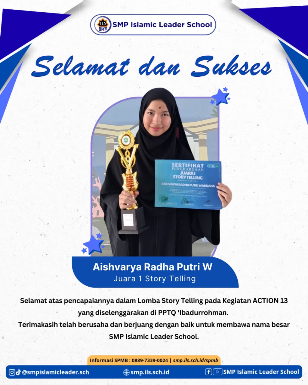 Prestasi Gemilang: Aishvarya Radha Putri Wardana, Raih Juara 1 Lomba Storytelling se-Pulau Jawa
